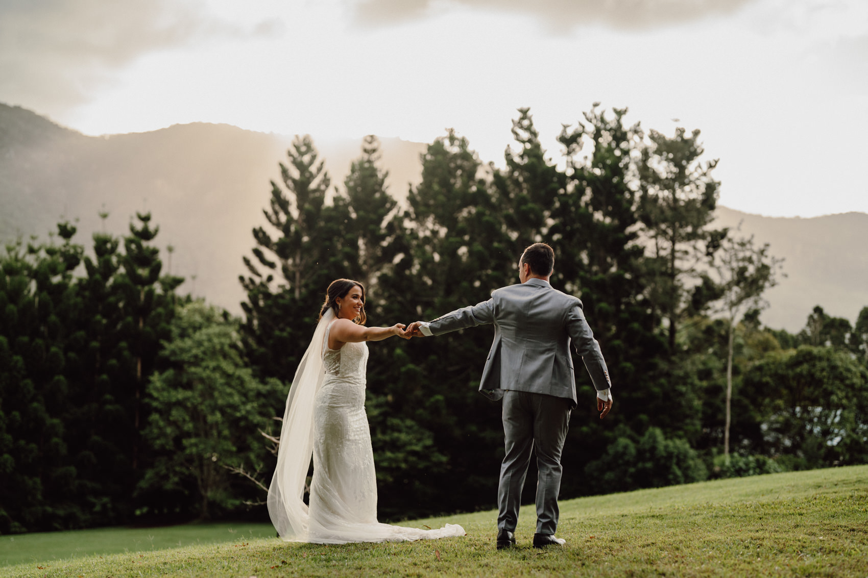 Melissa and Aiden's Bower Estate Wedding Sunset Portraits with Mountains in Bacground